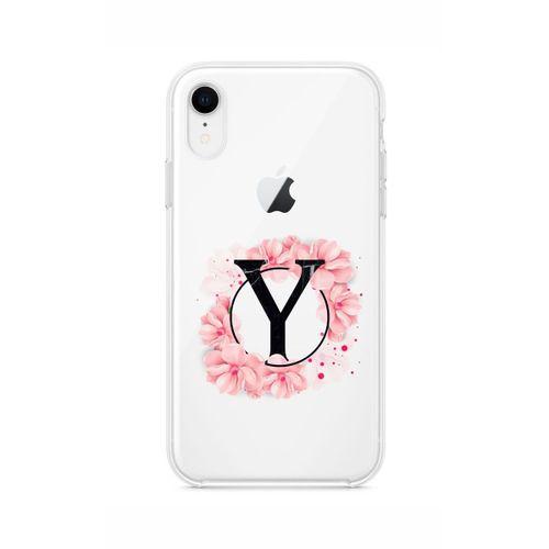 iPhone XR Pembe Çiçek Desen Y Harfli Şeffaf Kılıf