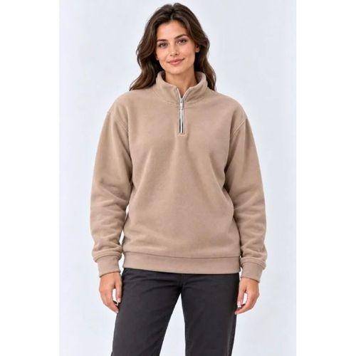Polar Dik Yaka Yarım Fermuarlı Uzun Kollu Regular Fit Kışlık Sweatshirt - Bej