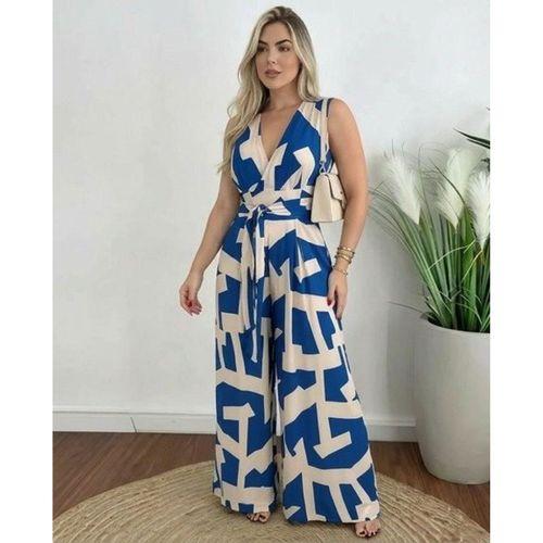 Kadın Askılı Kruvaze Yakalı Belden Kuşaklı Uzun Desenli Süprem Tulum