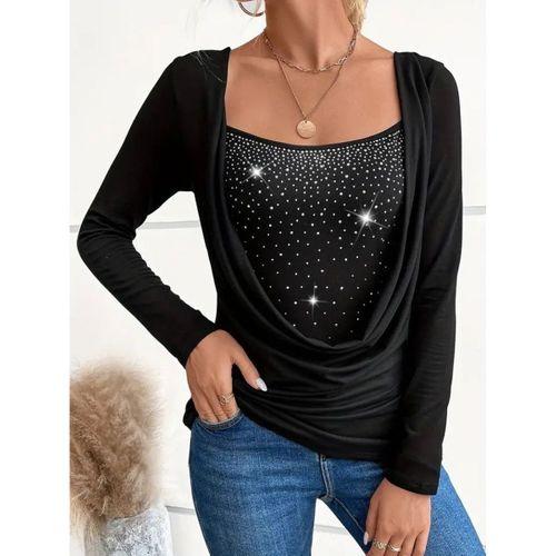 Kadın Uzun Kollu Derin Degaje Yakalı Taşlı Sandy Bluz