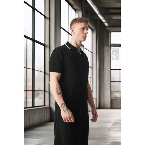 Yakası Şeritli Viskon Polo Yaka Triko Erkek T-Shirt - Siyah