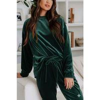 Kadın Uzun Kollu Yuvarlak Yakalı Kadife Bluz Ve Pantolon Takım