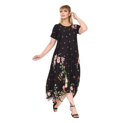 Melsay Butik Siyah Sulu Pembe Çiçek Desen Asimetrik Kısa Kollu Elbise