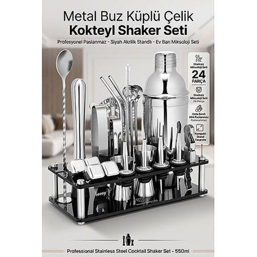 550 ml Kokteyl Shaker Seti 24 Parça Siyah Akrilik Standlı Profesyonel Paslanmaz Çelik Metal Buz Küplü Ev Barı Miksoloji Seti 723388