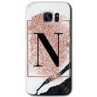 Galaxy S7 Edge Kılıf HD Desen Baskılı Arka Kapak - Pembe Mermer Desenli N Harfi