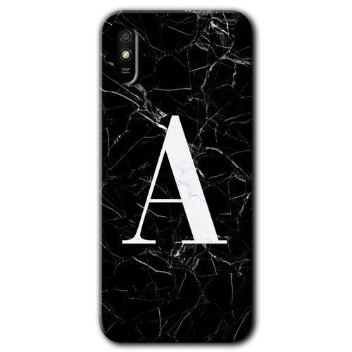 Xiaomi Redmi 9A Kılıf Baskılı Arka Kapak - Siyah Mermer Desenli A Harfi +Tam Ekran Koruyucu