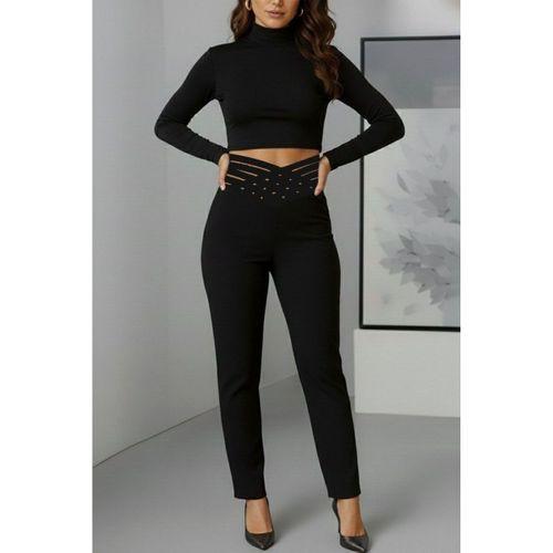 Kadın Yüksek Bel çapraz şerit Detaylı Ithal Krep Pantolon