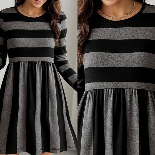 Kadın Uzun Kollu Bisiklet Yaka çizgili Desen Detaylı Süprem Mini Elbise