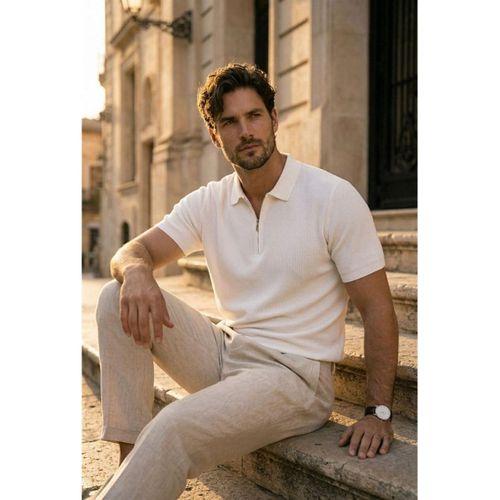 Jeff Selanik Örgü Polo Yaka Yarım Fermuarlı İnce Triko Erkek T-Shirt - Ekru