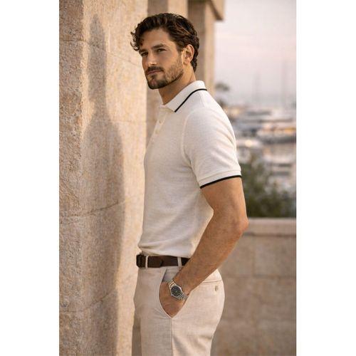 Balzac Yakası Şeritli Düğmeli Polo Yaka Basic Günlük Petek Örgü Triko Erkek T-Shirt - Ekru