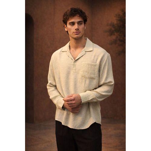 Sartre Apaş Yaka Tek Cepli İnce Modal Kumaş Oversize Uzun Kollu Yazlık Gömlek - Bej