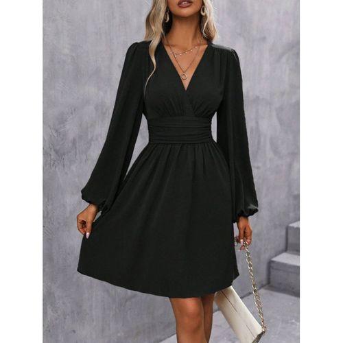 Kadın Uzun Kollu Kruvaze Yakalı Bel Korsajlı Mini Elbise