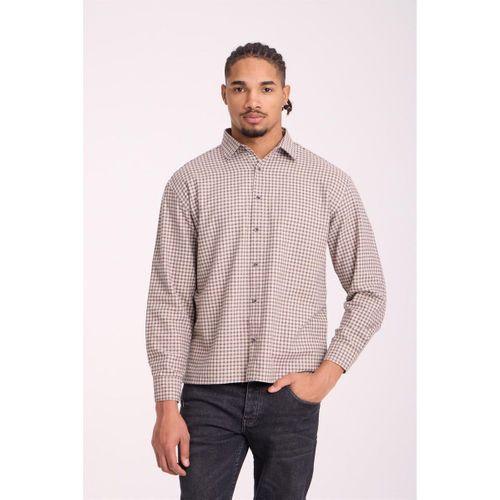 Jonas Ekose Küçük Kareli Relaxed Fit %100 Pamuklu Flanel Kumaş Erkek Gömlek - Bej