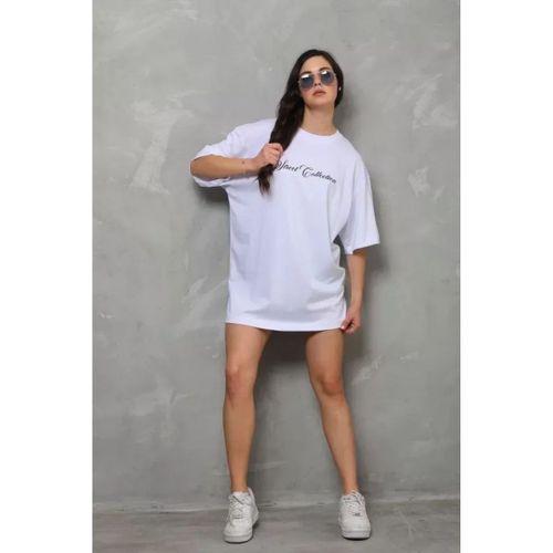 Pilelistore Unisex Bisiklet Yaka Baskılı Oversize T-Shirt - Beyaz