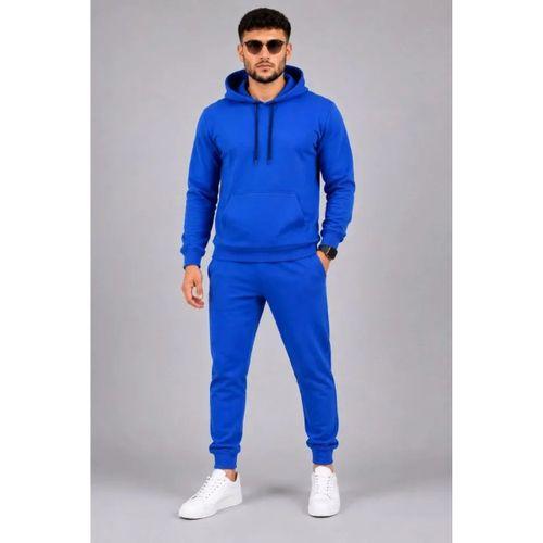 Erkek İki İplik Kapüşonlu Kanguru Cepli Sweatshirt Jogger Pantolon Alt Üst Eşofman Takımı -Saks Mavisi