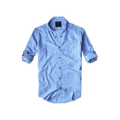 Slim Fit %100 Pamuk Kumaş Hakim Yaka Uzun Kol Gömlek--açık Düz Mavi--