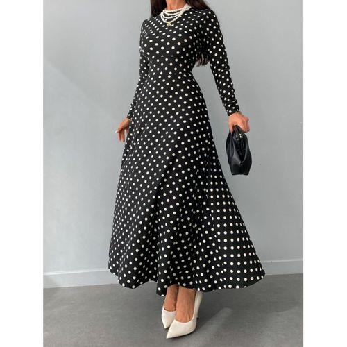 Kadın Siyah Tam Boy Beyaz Puantiyeli Elbise