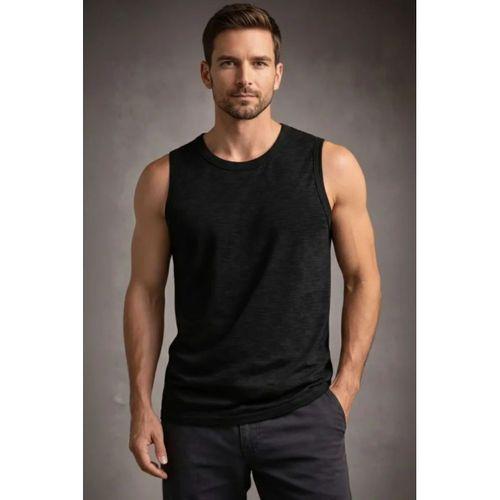 Erkek Flamlı Kumaş Sıfır Kolsuz Atlet Basic Spor Üst, Günlük Ve Fitness Kullanımına Uygun - Siyah