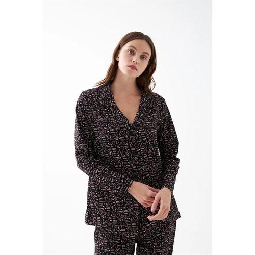 Kadın Siyah Düğmeli Kalp Desenli Pamuklu Pijama Takımı