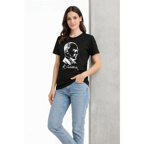 Atatürk Baskılı Tişört Kısa Kollu Bisiklet Yaka T-Shirt - Siyah