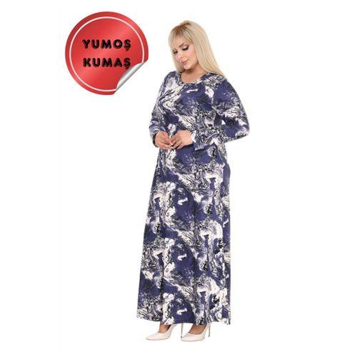 Melsay Butik Yumoş Kumaş Mavi Batik Desen Uzun Kollu Kadın Tesettür Elbise