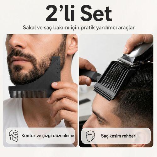 2 Parça Siyah Sakal Kontur Düzenleme C Model Ve Saç Kesim Rehberi Taraklı Bakım Seti