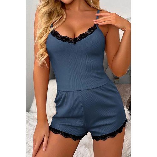Kadın Lacivert Alt Ve Üst Dantel Detaylı Şortlu Gecelik Takımı