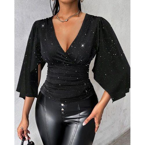Kadın Truvakar Kollu Kruvaze Yakalı Simli Sandy Bluz