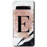 Galaxy S10 Plus Kılıf HD Desen Baskılı Arka Kapak - Pembe Mermer Desenli E Harfi