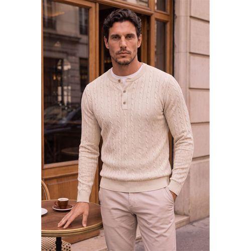 Bergamo %100 Akrilik Henley Yaka Saç Örgülü İnce Erkek Triko Kazak - Taş
