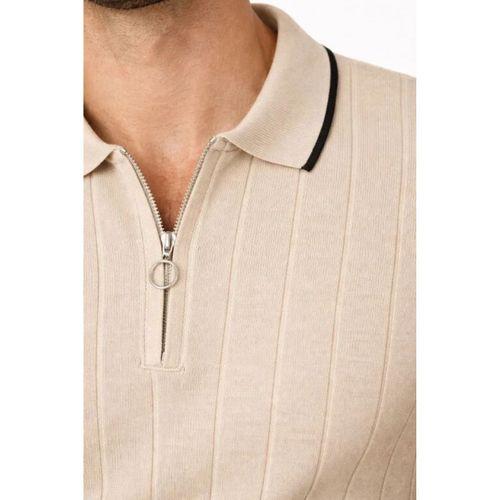 Erkek Fermuarlı Yaka Fitilli Triko Kısa Kollu Regular Fit Tişört T-shirt - Bej