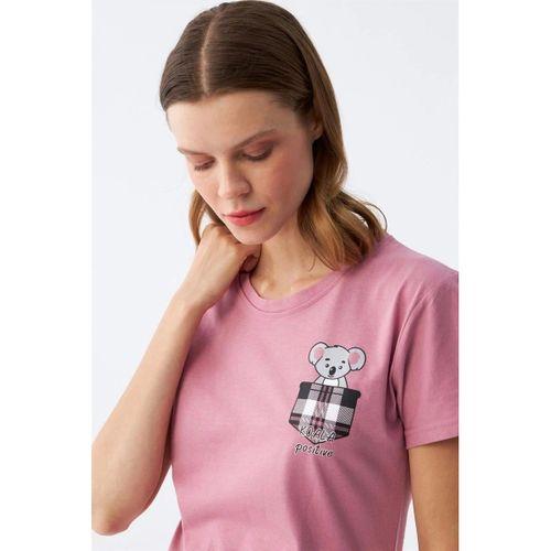 Kadın Somon Ayıcık Baskılı Ekoseli Penye Pijama Takımı