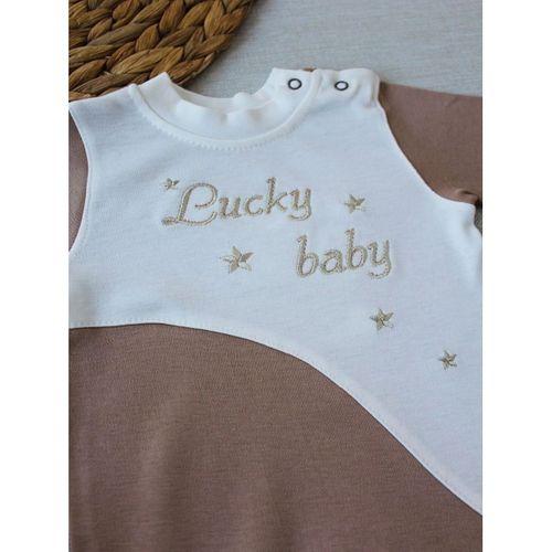 0-3 3-6 Ay Lucky Baby Nakışlı Es Çizgi Boy Şapkalı Erkek Bebek Tulumu Kahverengi