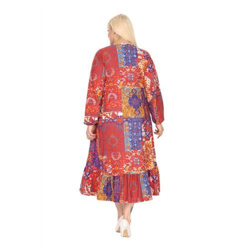 Melsay Butik Kışlık Robalı Yumoş Uzun Kollu Kırmızı Etnik Desen Elbise