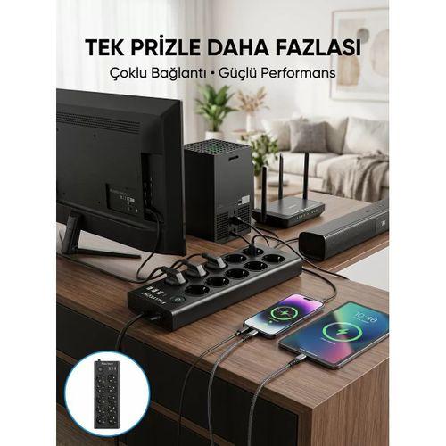 10 Prizli Usb Destekli Çoklu Priz Type-c Şarj Girişli Güvenli Güç Ünitesi