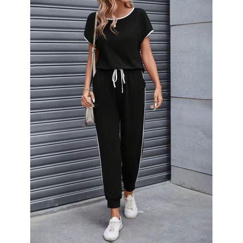 Kadın Kısa Kollu Yuvarlak Yakalı şerit Detaylı Viskon Iki Iplik Bluz Ve Pantolon Ikili Takım