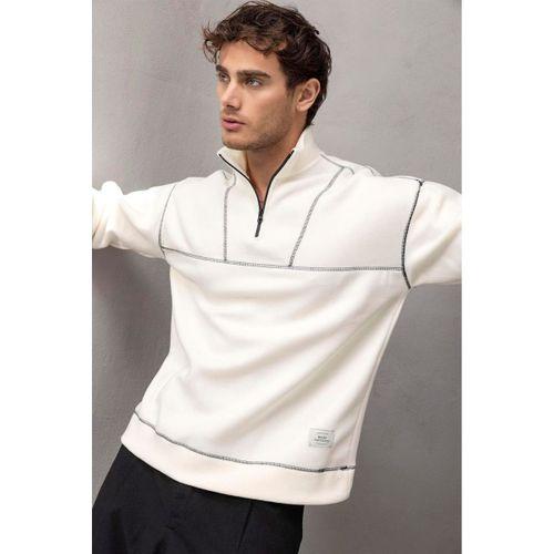 Crowe Şerit Detaylı Yarım Fermuar Polar Sweatshirt Ekru - Bezayağı Kumaş Pantolon Siyah