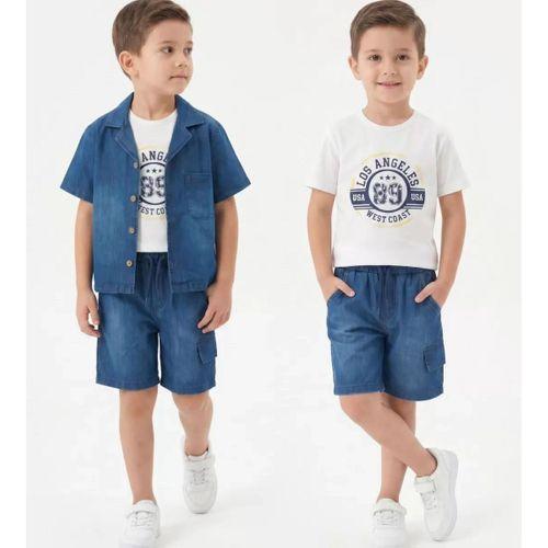 6/10 Yaş Denim Gömlek Şortlu 3lü Çocuk Takımı