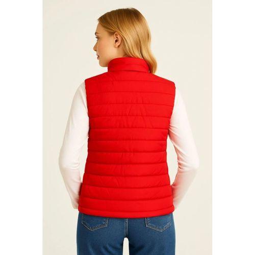 Şişme Fermuarlı Yelek Su Itici Kapitone Astarlı Kumaş Cepli Hafif Kışlık Spor Rahat Kalıp - Kırmızı