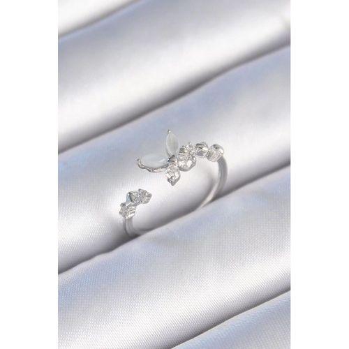 pilelistore Pirinç Gümüş Renk Zirkon Taş Detaylı Beyaz Mineli Kelebek Model Kadın Yüzük - TJ-BYK3433