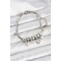 Pirinç Gümüş Renk Kalp Charmlı Kadın Bileklik