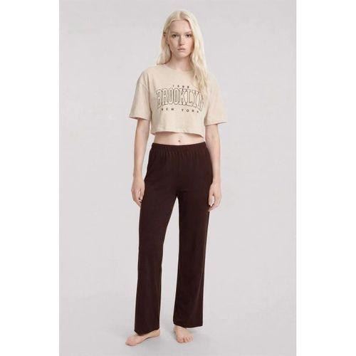Kadın Kum Kahve Baskılı Crop T-shirt Ve Pantolon Takım Rahat Günlük Kombin