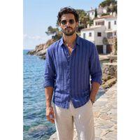Ralph Çizgi Desenli Yumuşak Dokulu Rahat Kalıp Yazlık Erkek Gömlek - Lacivert