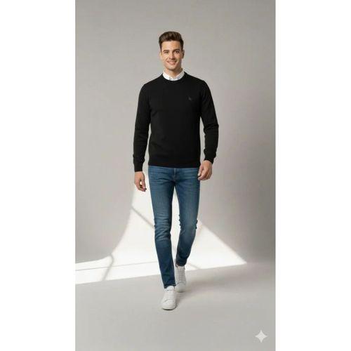 Erkek Bisiklet Yaka Nakış Işlemeli Triko Kazak Yumuşak Dokulu Pamuklu Ince Dokuma, Uzun Kollu Rahat Regular Kalıp - Siyah