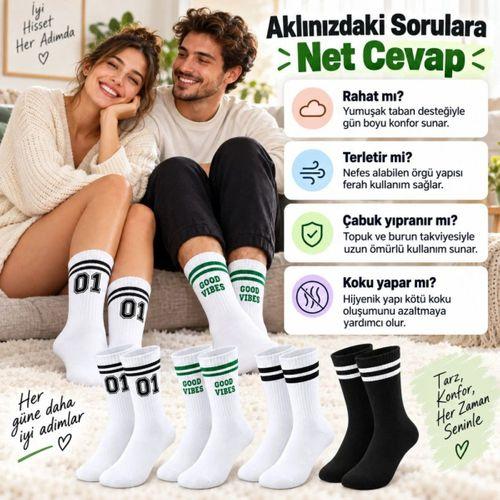 Unisex Çorap Çizgili 4'lü Set 07 Good Vibes Yazılı Siyah Beyaz Uzun Soket Spor Kolej Stil Rahat Şık