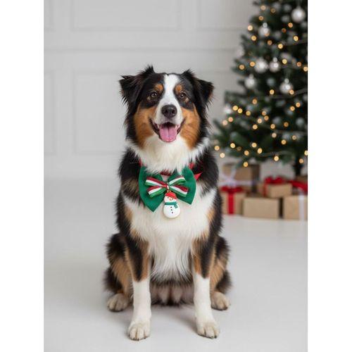 Kardan Adam Köpek Papyon Tasması | Yeşil Kırmızı Fiyonk Boyun Aksesuarı | Noel Temalı Köpek Süsü | Orta ve Büyük Irklar İçin