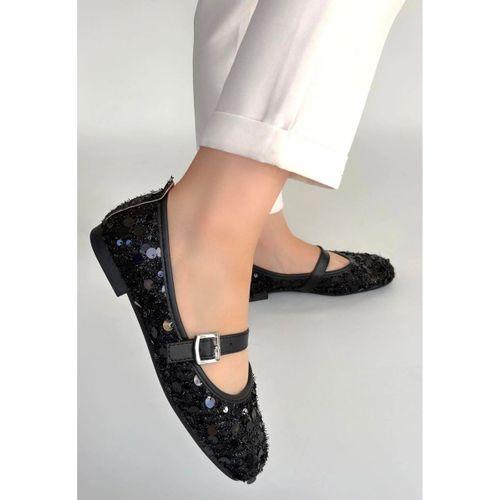 Zaty Siyah Süet Siyah Pullu Babet Ayakkabı