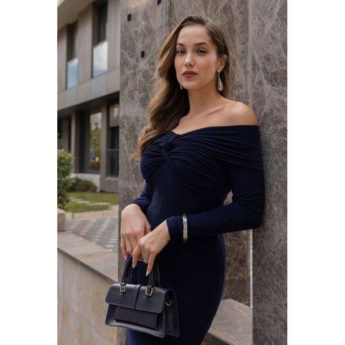 Kadın Uzun Kollu Madonna Yaka Düğüm Büzgü Detay Maxi Boy Elblbise