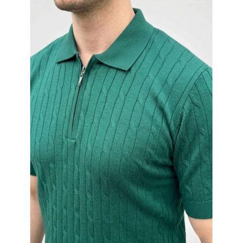 Erkek Yazlık Triko Saç Örgü Tişört Kısa Kol Polo Yaka Fermuarlı T-Shirt - Haki