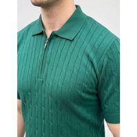 Erkek Yazlık Triko Saç Örgü Tişört Kısa Kol Polo Yaka Fermuarlı T-Shirt - Haki